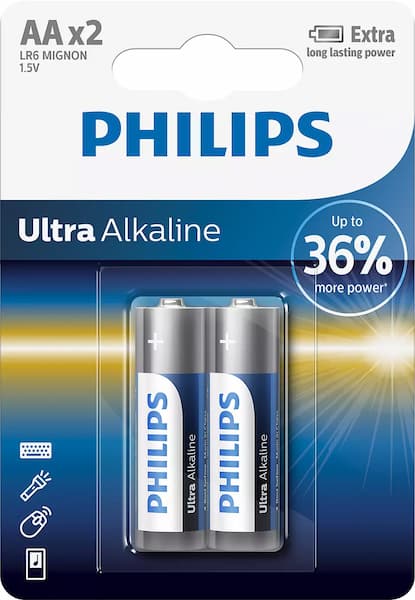 Батарейки щелочные AA (LR6) Ultra Alkaline 2шт PHILIPS LR6E2B10